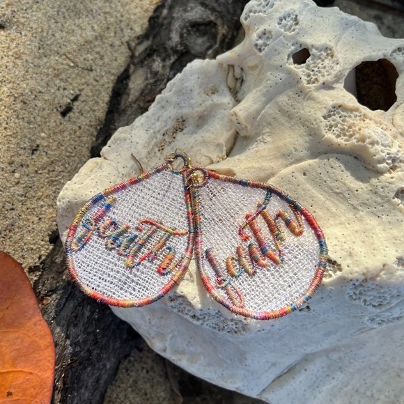 NWT Handmade Embroidered Multicolored Faith Lace CUSTOM Earrings - Picture 3 of 8